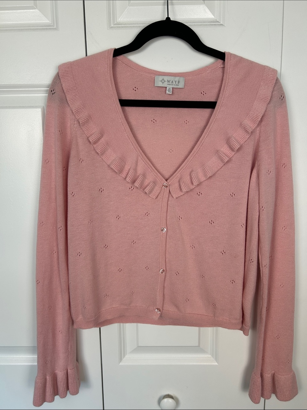 Wayf Blush Pink Ruffle V-Neck Button Cardigan Size Large